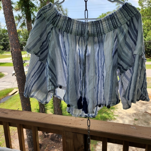 SURF GYPSY BOHO STYLE CROP COVER UP. OR TOP WHITE WITH BLUE AND GOLD STRIPES - Picture 1 of 10